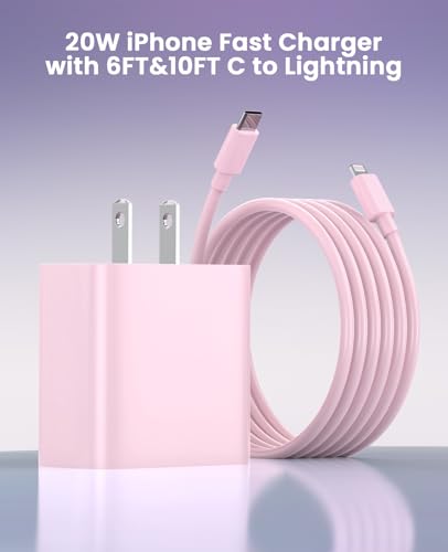 Image of Charger Fast Charging, USB C Charger Block, 6FT /10FT Lightning Cable | For Apple iPhone 14 /13 /12 /11 Series, 2-Pack 6FT /10FT Long USB C to Gripit Lightning Cables, AirPods, pink