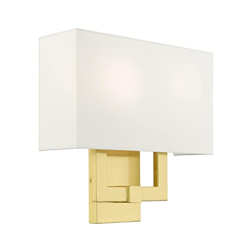 Image of Livex Lighting 51103-12 Meridian Collection ADA 2-Light Wall Sconce Light with Off-White Hardback Fabric Shade, Satin Brass, 13 x 12.5