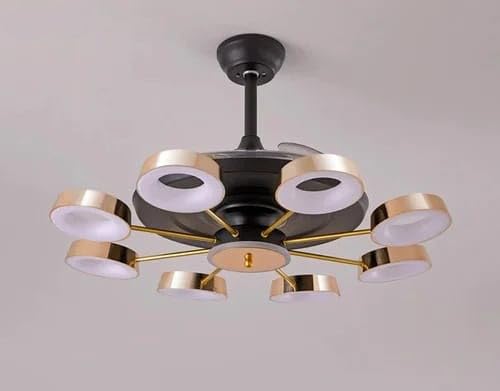 Image of Glowave 8 Light Glass Black Chandelier Fan 42 Inch Retractable Blades Remote Control - Tricolour | Warm White, White, Natural White | (FI 1183 Bk)