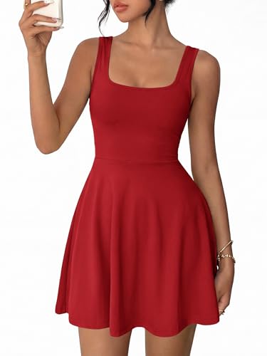 MASCOMODA Womens Sleeveless Mini Dress Summer 2026 Square Neck A Line Fit and Flared Cute Tank Top Short Dresses with Pockets(Red,Small)