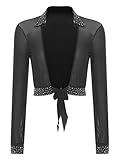 inlzdz Femme Mesh Boléro Veste Courte Manches Longues Cardigan à col Revers Strass Transparent Top de Danse Vêtements de Danse élégants Noir M