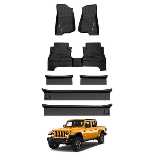 JTYZSM Floor Mats & Door Sill Guards for 2020-2025 Jeep Gladiator JT 4 Door All Weather TPE Truck Floor Liners(1st & 2nd Row) with Door Sill Protector for 2020-2024 2025 Gladiator Pickup Accessories