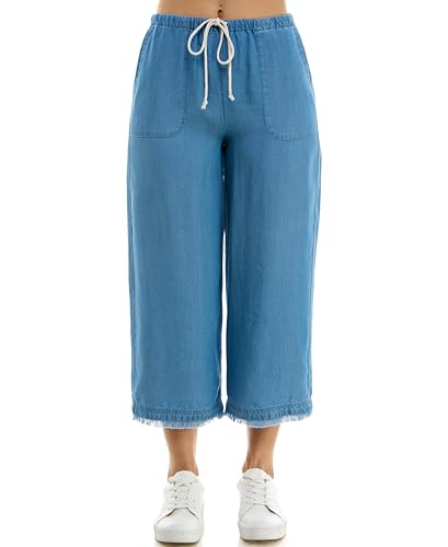 Zac & Rachel Women's Tencel Capri Length Pant with Self Adjustable Rope Belt, Functional Pockets, and Fringe Ankle Detail