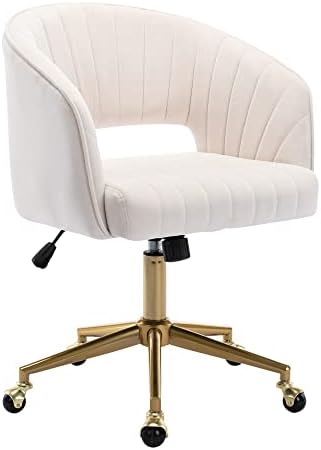 Home Office Chair Swivel Velvet Desk Chair Accent Armchair Upholstered Modern Tufted Chairs with Gold Base for Girls Women Ergonomic Study Seat Computer Task Stools for Living Room(Cream)