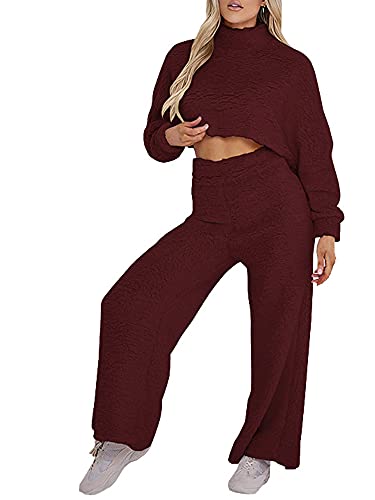 Chándal para mujer de 2 piezas, de forro polar, de manga larga, con cintura alta, Wine Red, XL Cover