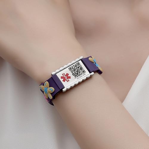 Image of LinnaLove Medical Alert ID Bracelet - Custom or Pre-Engraved, QR Code Available,Blue Dinosaur Band