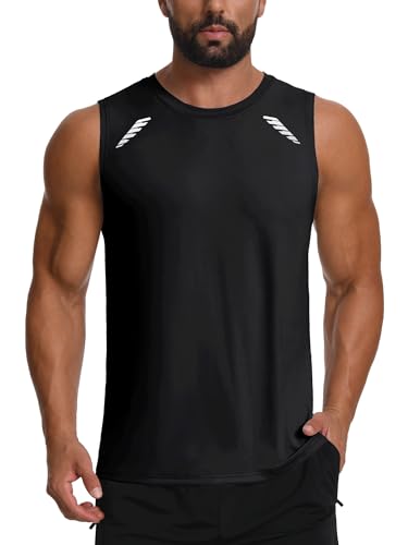 Image of Men's UPF 50+ Sun Protection Vest Sleeveless T-Shirt Breathable Mesh Back Quick Dry Gym Tank Top with Reflective Strip for Running, Training & Summer Sports Black