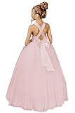 JISISANG Flower Girl Dresses for Wedding Satin V-Neck Criss Cross Princess First Communion Dress for Girls Puffy Tulle Ball Gown with Bow-Knot Pink 06