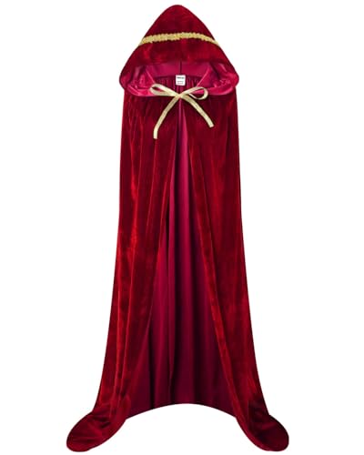 Bata unisex con capucha de longitud completa, capa larga de terciopelo, disfraz de cosplay de 59 pulgadas (rojo vino (encaje))