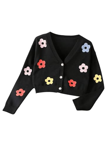 WDIRARA Girl's Floral Print V Neck Cardigan Button Front Long Sleeve Sweater Knit Top