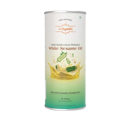 Image of Indiyeah Cold Pressed White Sesame Oil - 100% Pure and Unrefined, Naturally Cholesterol-Free | Enriched with Vitamin E and K | Rich Aroma & Flavor of Real Sesame Seeds | No Foaming | Ideal for Daily Cooking and Multipurpose Usage | A1 Grade Sesame Seeds | Cold pressed Gingerly Oil | Til Ka Tel |Purity in Every Drop | Heart-Healthy Cooking Oil | (1L TIN, 1, count)