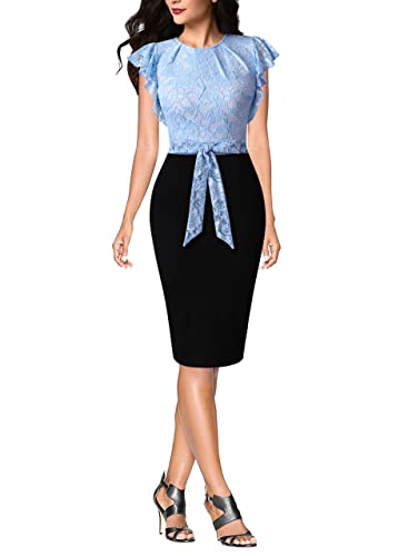 Vfshow Womens Gathered Neck Ruffle Sleeve Floral Lace Colorblock Belted Slim Fitted Cocktail Party Bodycon Pencil Sheath Dress 10052 Lblu Xs #TOP1