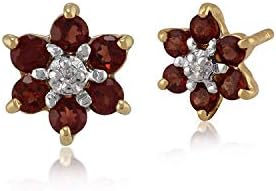 Gemondo 9ct Yellow Gold Round Six Garnet & Diamond Floral Cluster Stud Earrings Red