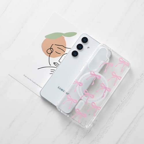Image of UEEBAI Magnetic for Samsung Galaxy S25 Case, Bow Case Compatible with MagSafe, Wireless Slim Clear Ribbon Aesthetic Phone Case Anti-Yellowing Shockproof Protective Cover for Women Girl - Pink