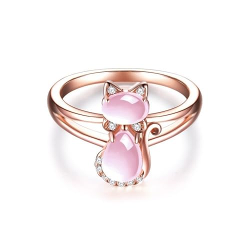 Yocoyee Rose Gold Pink Cat Ring Quartz Stone Pink Crystal Animal Cat Ring for Women Lover-Size 9