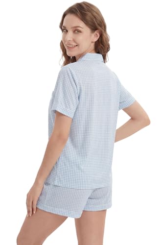 Image of LUBOT 100% Cotton Pajamas for Women 2 Piece PJ Set Poplin Woven Lightweight Ladies Button Short Sleeve Sleepwear S-XXL