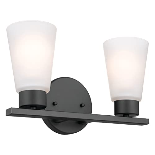 Image of Kichler Stamos 2-Light Bathroom Vanity Light Fixture with Satin Etched Glass Shades, Modern Wall Light in Black for over Mirror Lighting Installation, 13 in x 8 in x 5 in, 55120BK