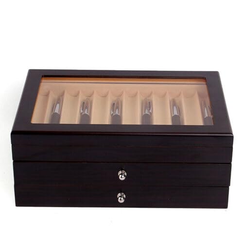 Stiftebox Holz, Aufbewahrungsbox für 34 Stifte Kugelschreiber, Glas-Aufbewahrungsbox mit Deckel, Glasfenster, Stiftsammlung, Vitrine, Stiftköcher