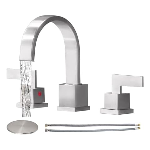 Friho Modern 2 Handle 3 Hole Stainless Steel Brushed Nickel Widespread Bathroom Faucet, 8 inch Bathroom Sink Faucet Lavatory Vanity Faucet with Pop Up Drain and Water Supply Lines Cover
