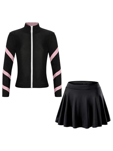 Yeahdor Kids Girls Figure Skating Training Suit Long Sleeve Zipper Stand Collar Jacket with Skirts Tennis Golf Sportwear Pink 4-5 Years