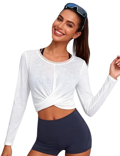Image of Venzina Womens Textured Crop Top with Tummy Control & Mesh Back Cross Front Yoga Shirt Four-Way Stretch, Quick-Dry Workout Top for Gym, Running, Fitness-White - L
