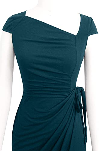Image of Women's Vintage Cap Sleeves Asymmetrical Neckline Sheath Bodycon Casual Work Cocktail Party Pencil Faux Wrap Dresses