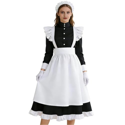 YJCOS Women's Classic Maid Long Dress Black and White Apron Lolita Housekeeper Cosplay Costume Uniform