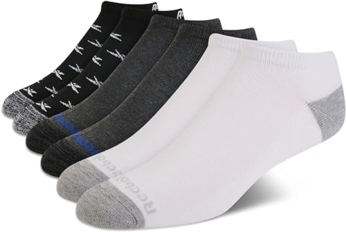 Reebok Mens Low Cut Socks 6 Pack Basic Cushion Low Cut No Show Socks for Men - Men's Athletic Socks (Size 6-12.5), Size 6-12.5, White Assortment