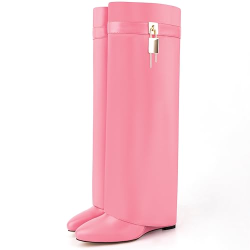 Image of Fold Over Knee High Boots for Women Pointy Pull-on Wedge Heel Knee Shark Boot With Side Zipper Covered Wedge Heel Padlock Boot