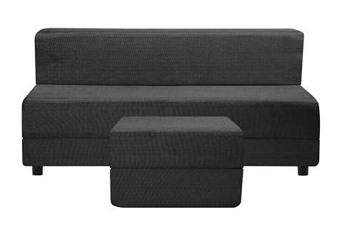Image of 5X6-Feet Leg Sofa Cum Bed with Ottoman | Jute Fabric 3 Seater Convertible Sofa Bed | Modern Space Saving Furniture for Living Room | Black
