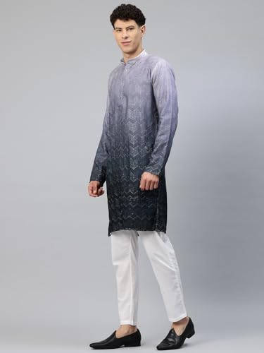 Image of Luxrio Men's Ombre Shaded Sequence Self Embroidered Textured Long Kurta Full Sleeves - Casual Ethnic Wear