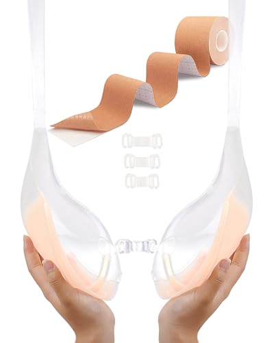 Sticky Bra Pushup Strapless Backless - 2 Tones Clear Invisible Adhesive Bra for Breast Lift up Boob Lift Tape Nipple Covers