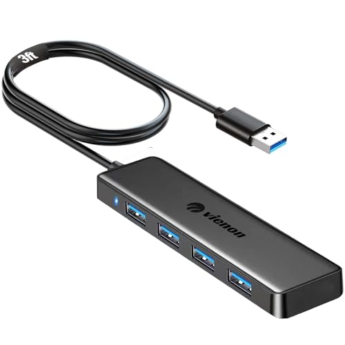 USB Hub VIENON 4-Port USB 3.0 Hub USB Splitter USB Expander for Laptop Xbox PS4/5 Flash Drive HDD Console Printer Camera Keyborad Mouse-3.3ft