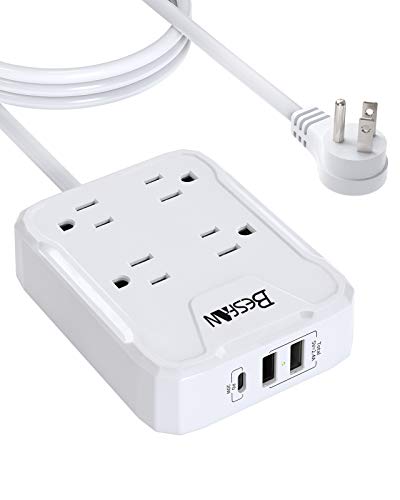 BESFAN Power Delivery Power Strip with USB C (20W), Electrical Outlet Extender with 4 Outlets, 2 USB-A Ports & 1 USB-PD Port, Flat Plug Extension Cord 4.6 Ft for Travel/Home/Office