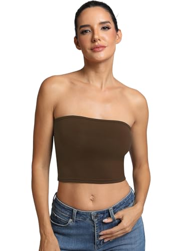 Fihapyli ICTIVE Womens Tube Tops Strapless Crop Basic Backless Sleeveless Bandeau Seamless Going Out Light Support Cami Shirts Coffee M
