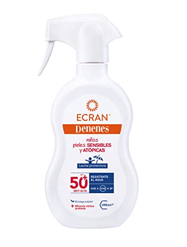 Ecran Denenes - Leche Protectora Solar SPF 50+ para Niños en Spray, Protección UVB, UVA e IR-A, Resistente al Agua, con Extracto de Algodón y Vitamina E, Apta para Pieles Sensibles y Atópicas - 270 ml