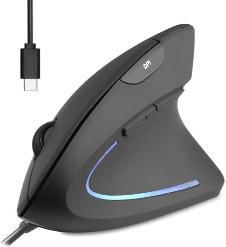 Perixx PERIMICE-513 Ratón Vertical Ergonómico con USB-C - 6 Botones con 1000/1600 dpi - Diseño para Diestros - Cable de 1,8 m - Negro