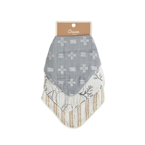 Crane Baby Soft Muslin Baby Bib Set, Adjustable and Absorbent Bandana Style Bibs for Boys and Girls, Woodland Animal, 3 Piece, 18.5” x 9”