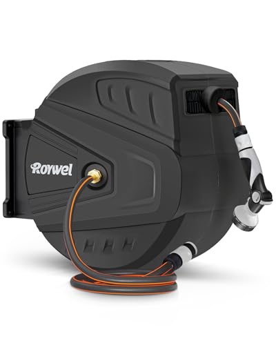 Roywel Auto Reel Garden Hose 40M，Hose Reel wall Mounted，Auto Rewind, Self-Locking System,180° Pivotal with Multifunction Spray Nozzle