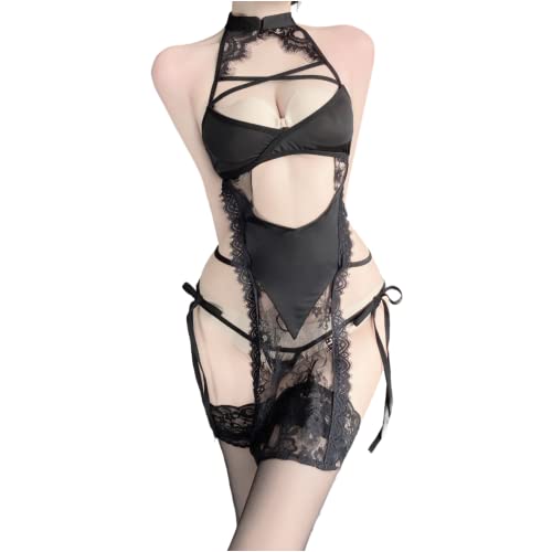 SINGUYUN Chinese Cheongsam Lingerie Retro Print Dress Sexy Anime Cosplay Costume for Women Qipao Babydoll Outfit (2574 Black)