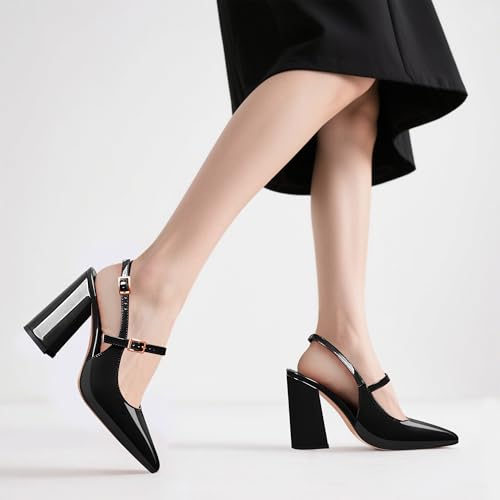 Women's Chunky High Heel Pumps Pointed Toe Slingback Buckle Strap Patent Leather Dress Shoes3