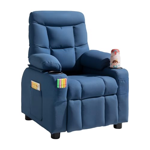 Image of VEVOR Kids Recliner Chair, Toddler Lounger with Cup Holders & Pockets, 107 to 126 Adjustable Back, Breathable Polyester Upholstery Reclining Sofa with Foot-Rest, for Boys and Girls, Children (Blue)