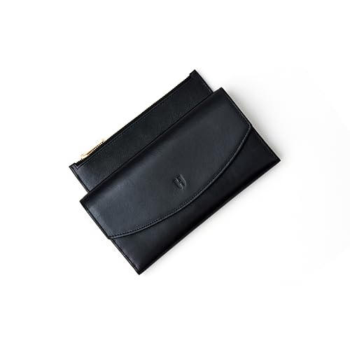 Handcrafted Full-Grain Leather Women’s Wallet, RFID Blocking, 12 Card Slots, 3 Compartments, Removable Zipper Coin Pouch, Gift Box & Pouch, Christmas & Birthday, Black