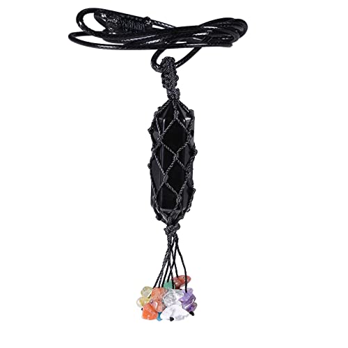Nupuyai Adjustable Wire Wrapped Healing Stone Points Pendant Necklace for Women, Hexagonal Crystal Stone Wand Pendant with 7 Chakra Bead Tassel, Black Obsidian
