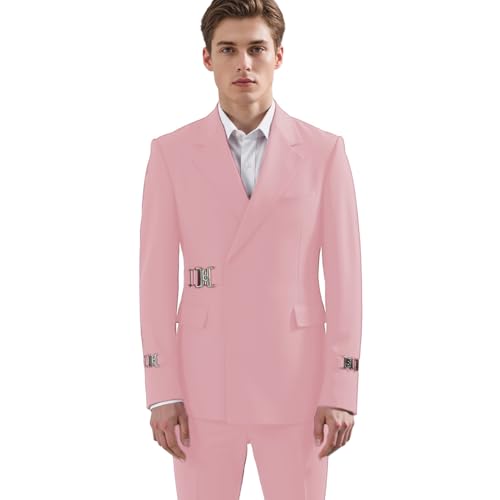 JinXuanYa Mens Suit 2 Pieces Slim Fit Suit with Metal Buckles,Business Formal Prom Tuxedos for Wedding(Blazer + Pants)