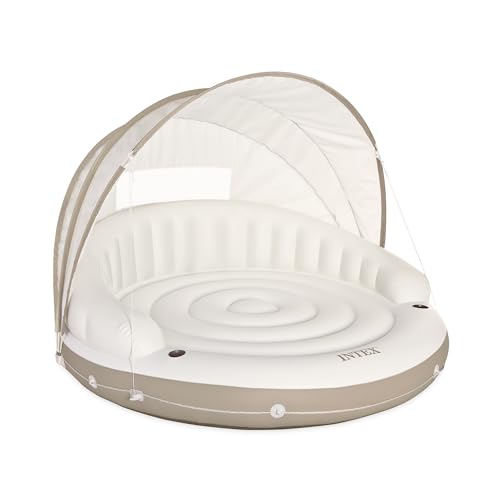 INTEX 58292EP Canopy Island Inflatable Pool Float: Comfortable Lounge Surface – Built-in Cup Holders – Detachable Sunshade – 440lb Max Weight Capacity – 78.5' x 59'