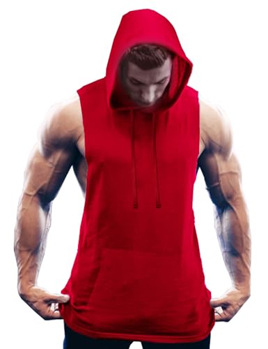 COOFANDY Men's Workout Hooded Tank Tops Bodybuilding Muscle Cut Off T Shirt Sleeveless Gym Hoodies Red