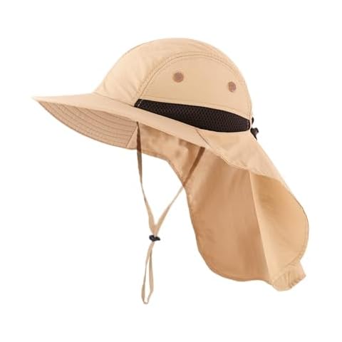 LLmoway Mens Outdoor Sun Protection Cap Wide Brim Breathable Mesh Boonie Hat with Neck Flap Khaki Cover