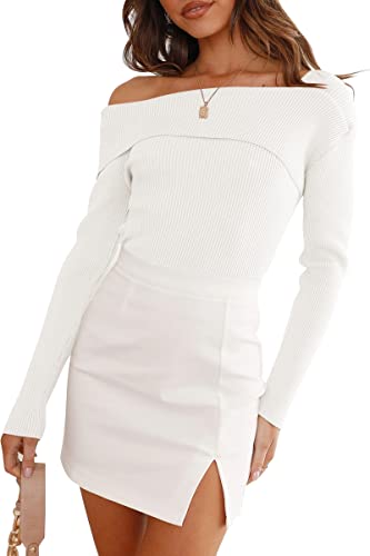 LILLUSORY Womens Off The Shoulder Going Out Sweaters Fall Sexy Cute Trendy Long Sleeve Knit Pullover Sweaters Tops 2024 White S