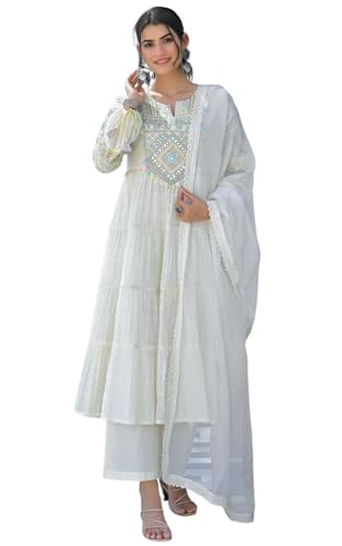 Kurta Anarkali en soie brodée KESUDI avec col rond divisé et manches longues pour femme